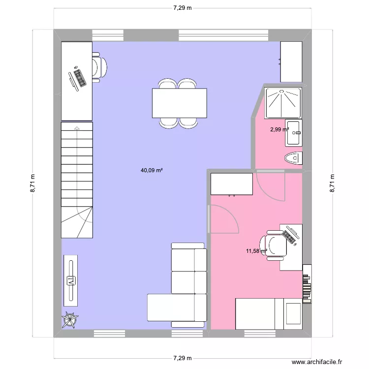Etage 2 version 2. Plan de 3  et 55 m²