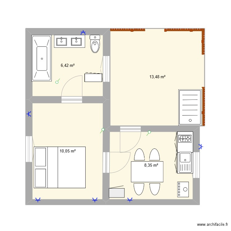 La mégaspa. Plan de 4 pièces et 38 m2