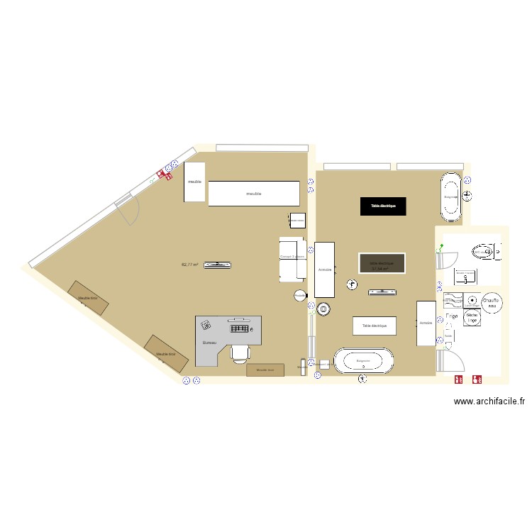 salon . Plan de 2 pièces et 100 m2