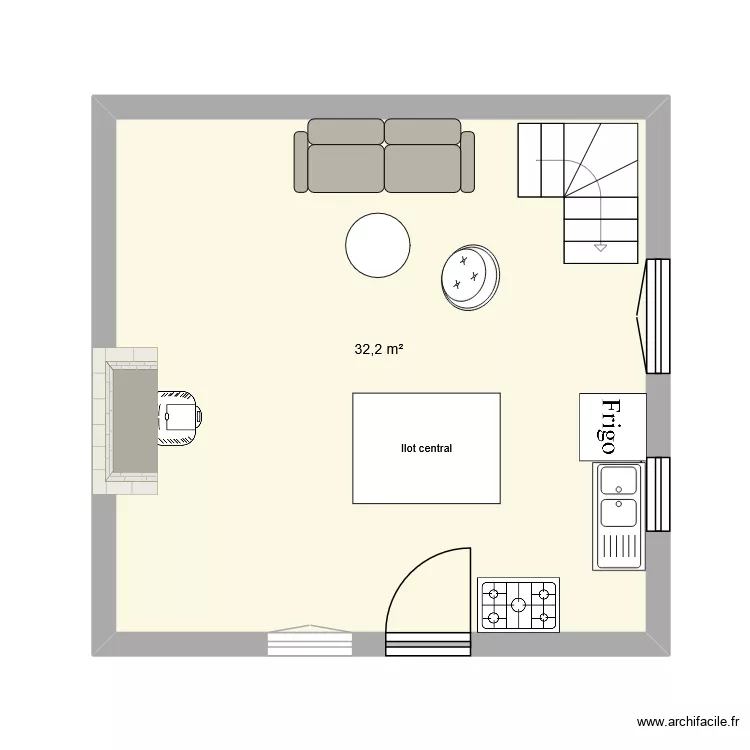 piece de vie. Plan de 1  et 32 m²