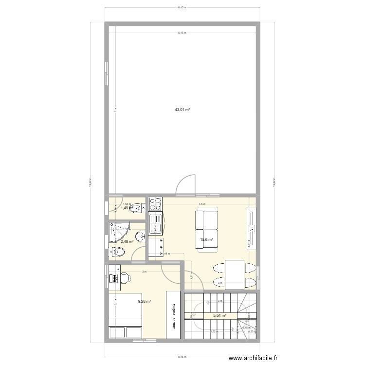 Espace Loft meublé. Plan de 6 pièces et 77 m2