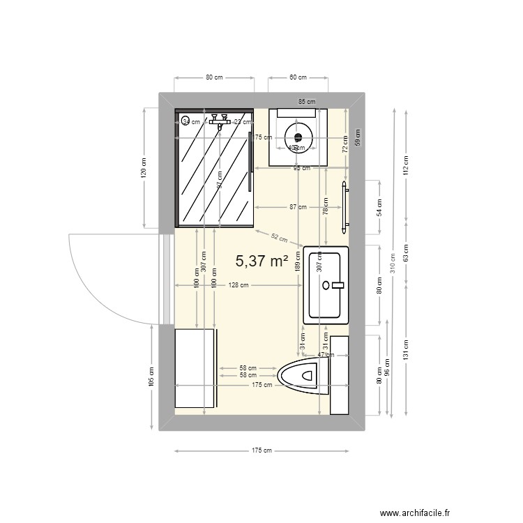 Salle de bain PM 8 douche 120x80. Plan de 1 pièce et 5 m2