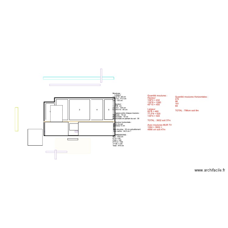 Aménagement 1 - mur moulures. Plan de 1 pièce et 12 m2