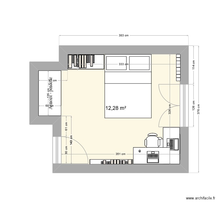 Chambre Gwendoline. Plan de 1 pièce et 12 m2