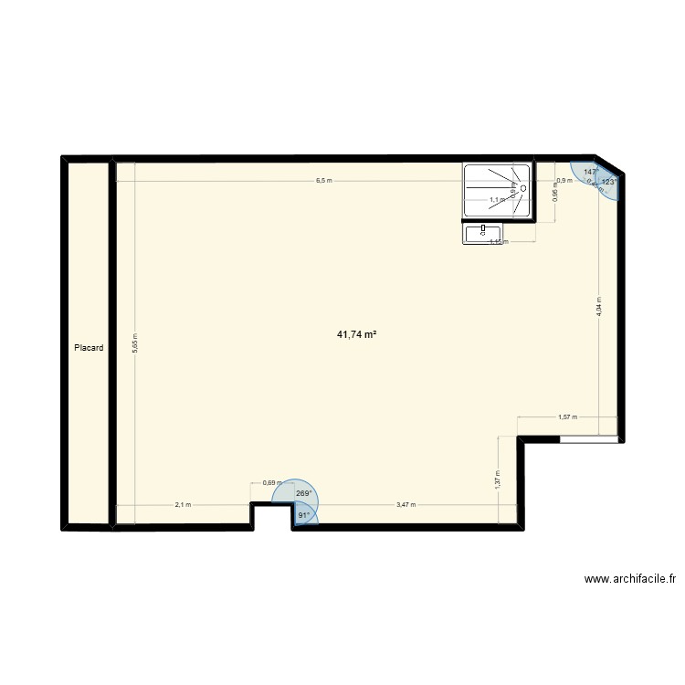 50M. Plan de 2 pièces et 45 m2