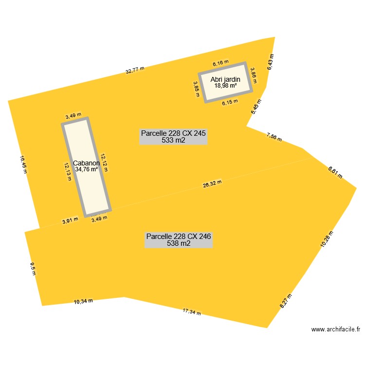Parcelles Cabanon. Plan de 2 pièces et 54 m2