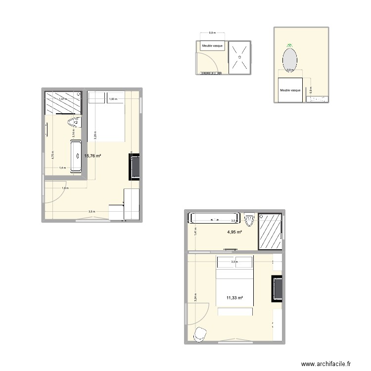SDB du bas. Plan de 5 pièces et 40 m2
