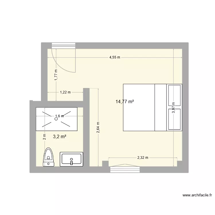 CHAMBRE TAPIS ROUGE. Plan de 2  et 18 m²