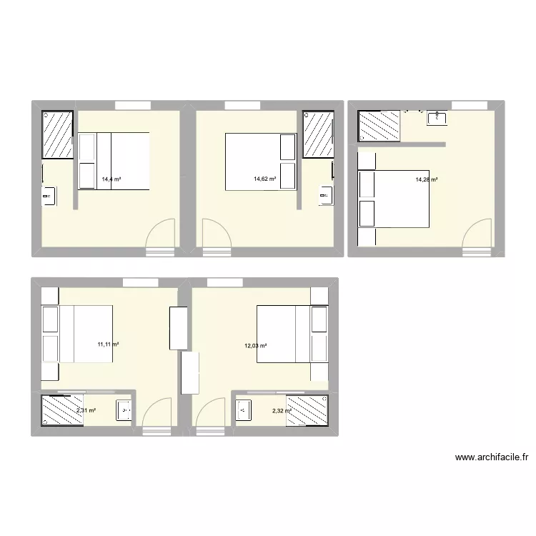 chambre 15m2 avec SDB. Plan de 