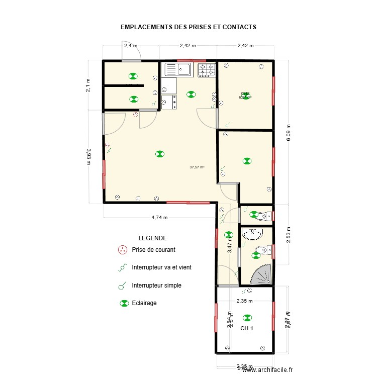 MAISON DE VACANCES Container Emplacement des lampes. Plan de 3 pièces et 49 m2