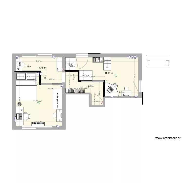 AMENAGEMENT CHAMBRES. Plan de 4 pièces et 31 m²
