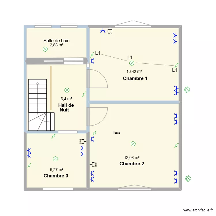 chambres implantation. Plan de 5 pièces et 37 m²