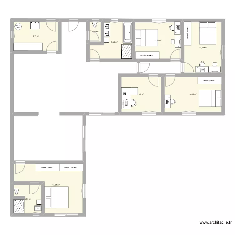 maison en L. Plan de 9  et 91 m²