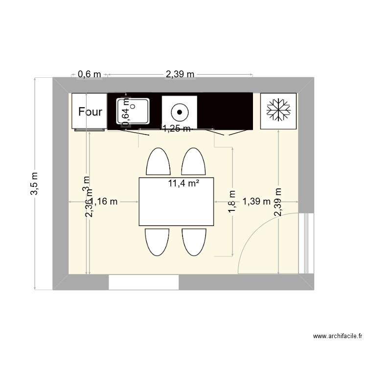cuisine andalous. Plan de 1 pièce et 11 m2