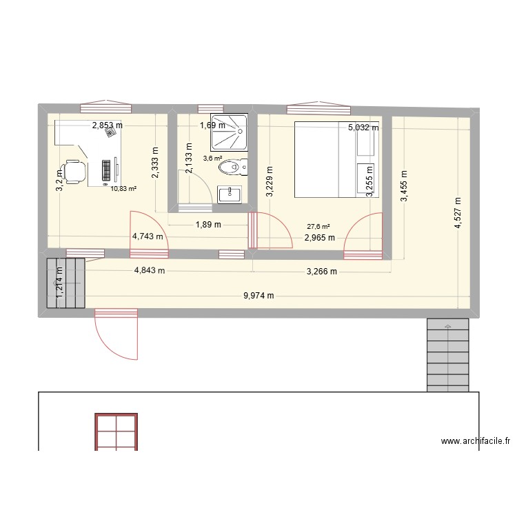 Bureau. Plan de 3 pièces et 42 m2