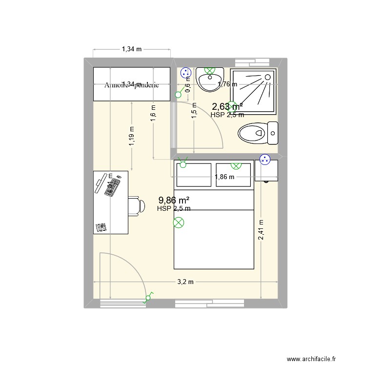V1 élec chambre maison accueil Klara. Plan de 2 pièces et 12 m2