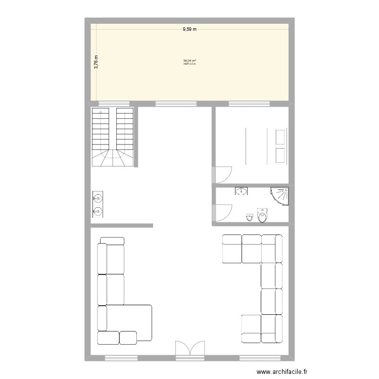 Hj p1 rdc v2. Plan de 1 pièce et 36 m2