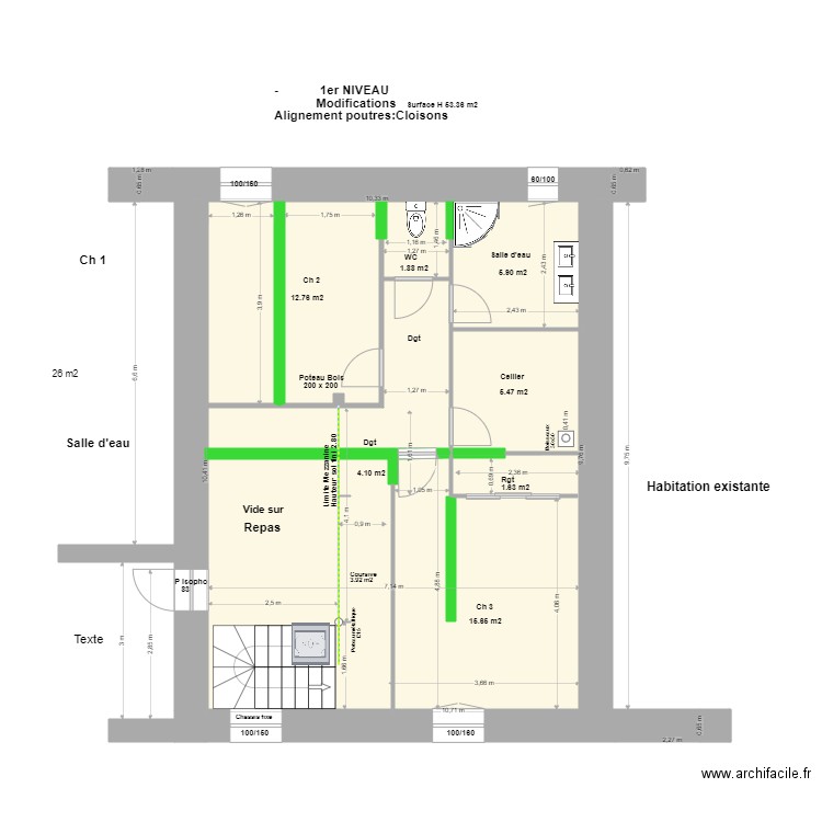 Alignement Poutres:Cloisons. Plan de 4 pièces et 65 m2
