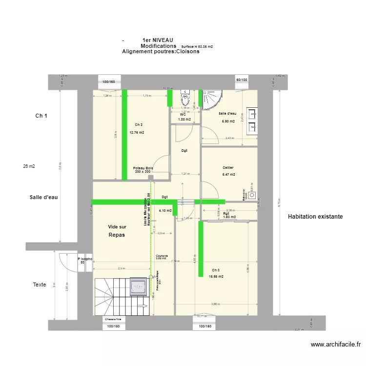 Alignement Poutres:Cloisons. Plan de 