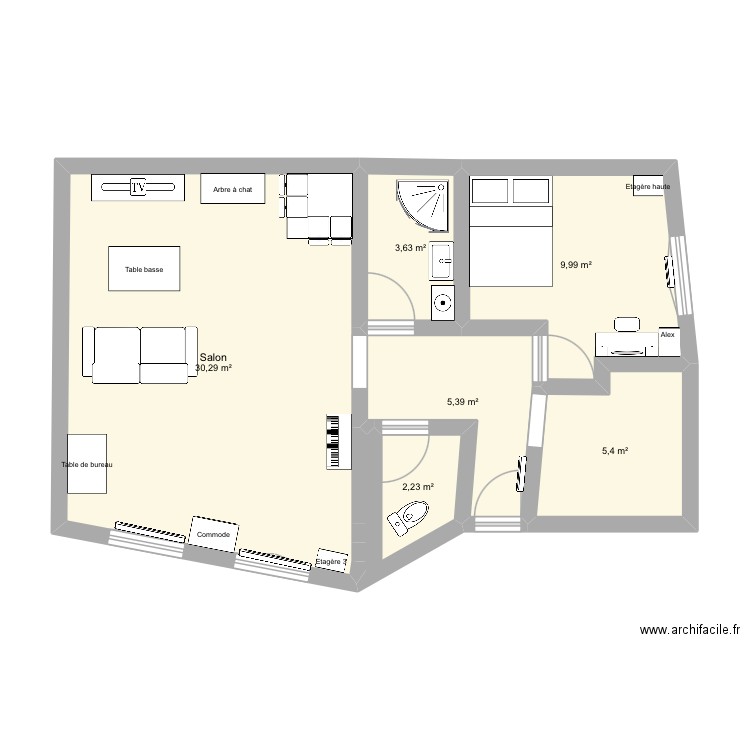 Appartement complet. Plan de 6 pièces et 57 m2
