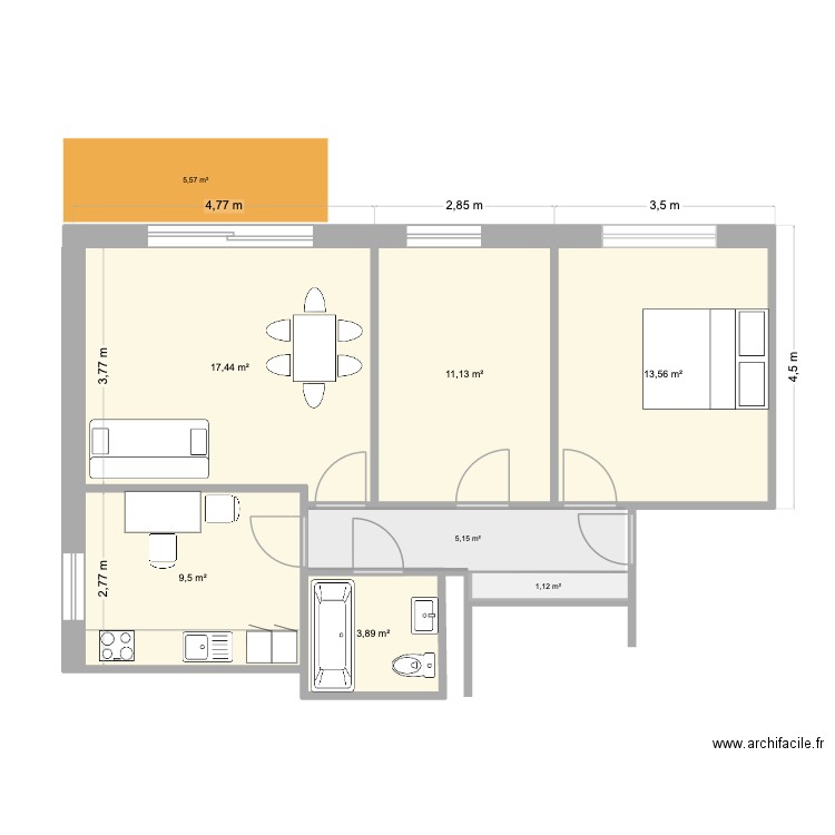 Cottens. Plan de 5 pièces et 56 m2