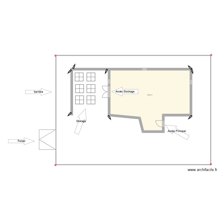bob. Plan de 1 pièce et 57 m2