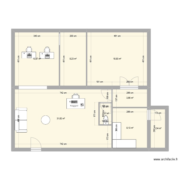 Plan loge HQ. Plan de 8 pièces et 89 m2