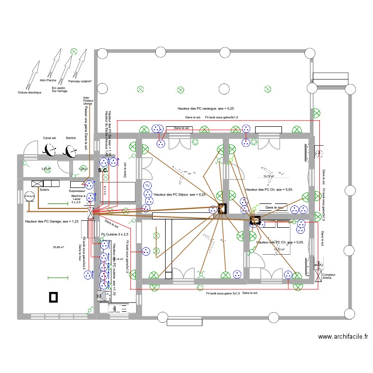 Maison Diégo. Electricité. PC. Plan de 6 pièces et 79 m2
