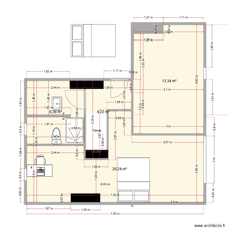 76 St Nicolas - R+5 - Aménagement. Plan de 4 pièces et 44 m2