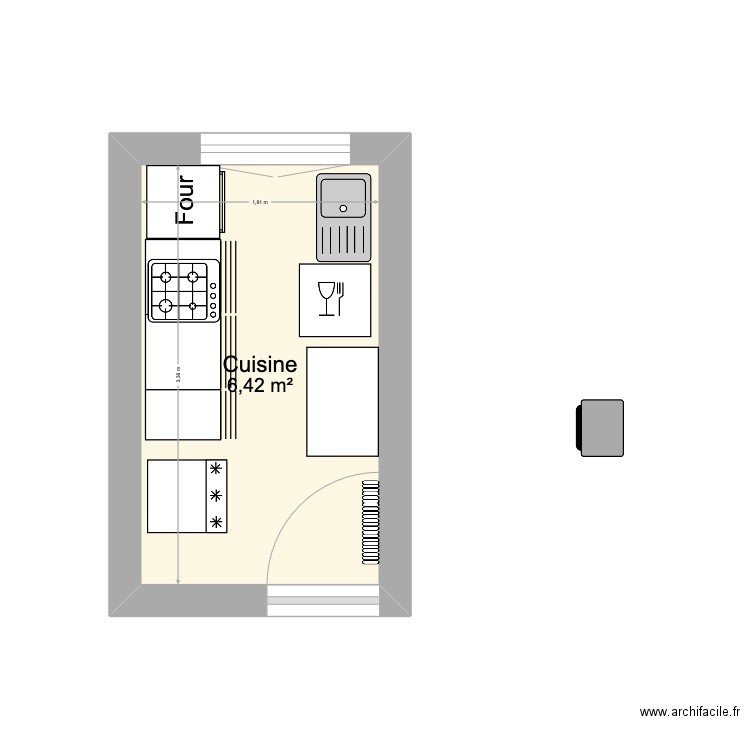 cuisine peuplier. Plan de 1 pièce et 6 m2