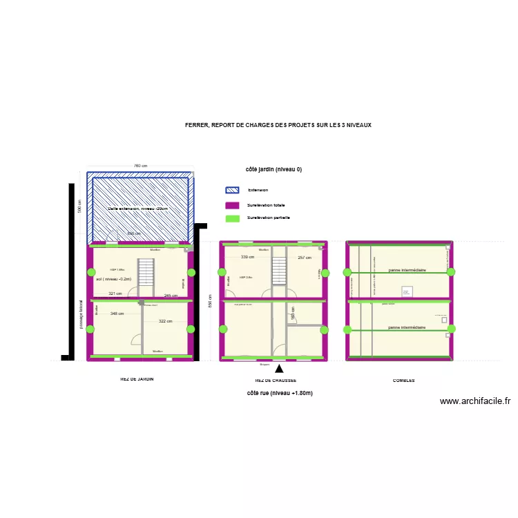 FERRER, DESCENTE DE CHARGE des PROJETS SURELEVATION ET EXTENSION. Plan de 