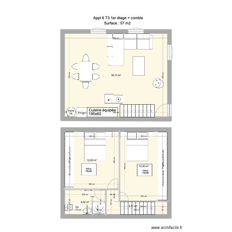 Appt T3. Plan de 5 pièces et 69 m2