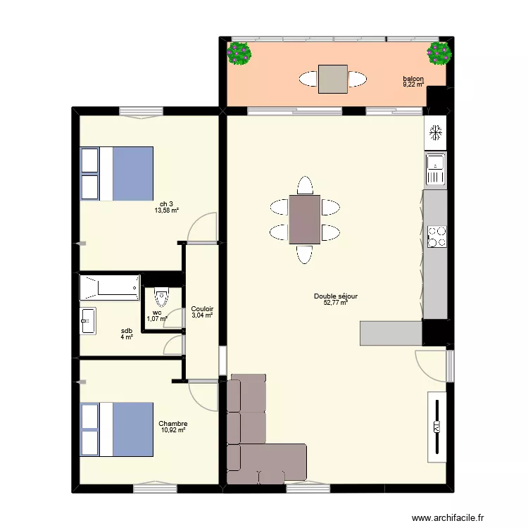 KNEMP ESTEBAN t3 actuel cuisine ouverte. Plan de 10  et 95 m²