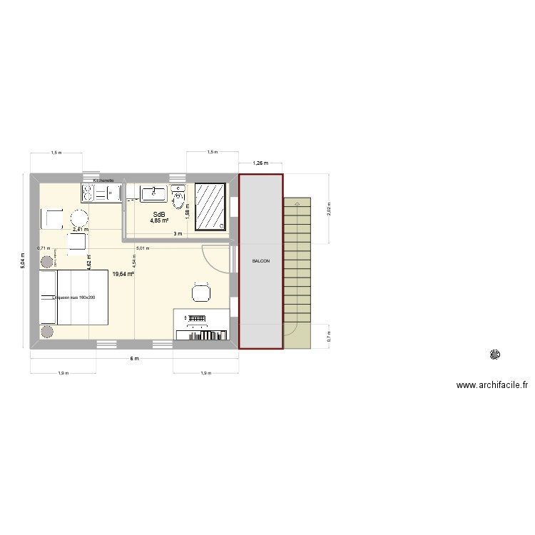Plan ETAGE. Plan de 2 pièces et 25 m2
