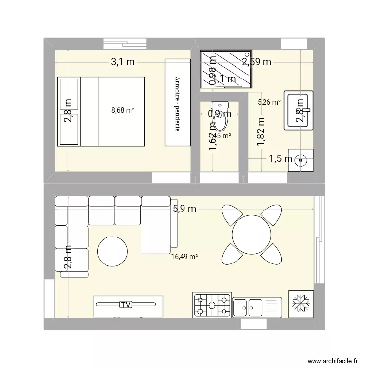 Bungalow. Plan de 4  et 32 m²