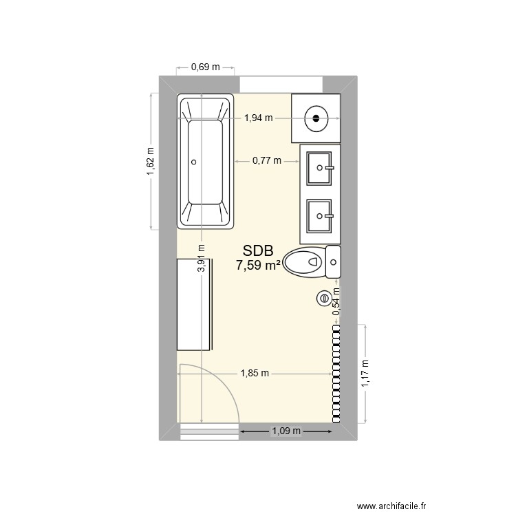 SDB. Plan de 1 pièce et 8 m2