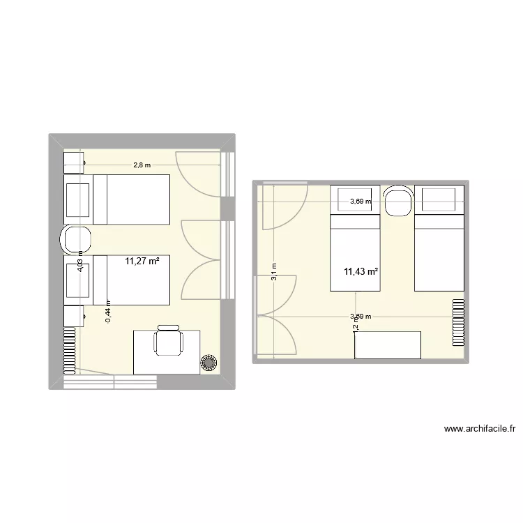 chambres enfants. Plan de 2  et 23 m²