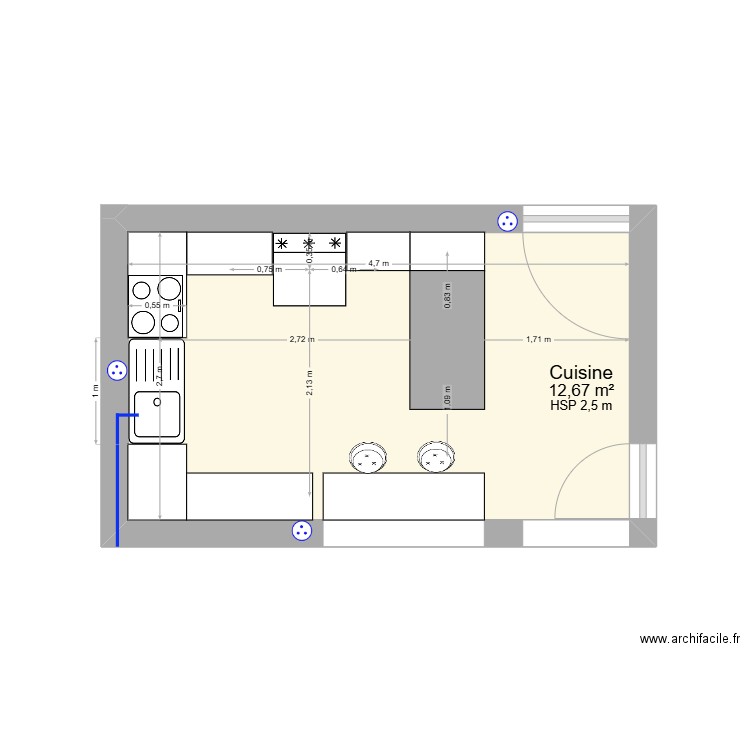Kitchen Fer MUR. Plan de 1 pièce et 13 m2