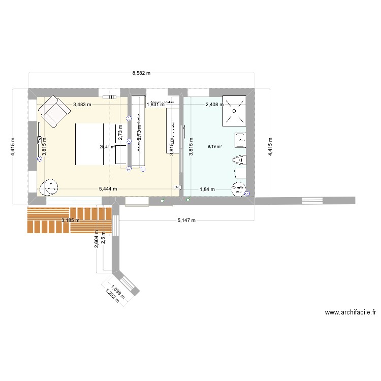 Suite1. Plan de 2 pièces et 30 m2