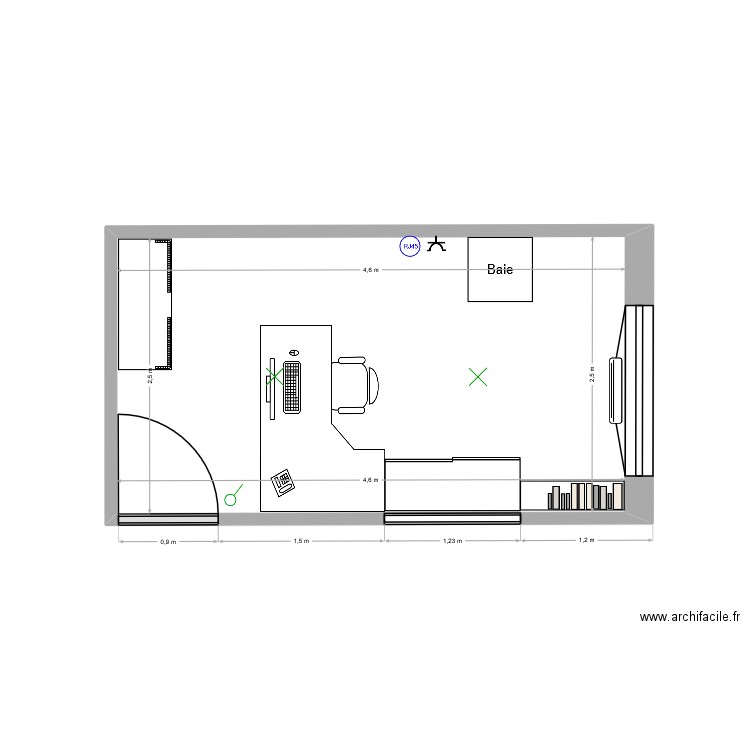 loge. Plan de 1 pièce et 12 m2