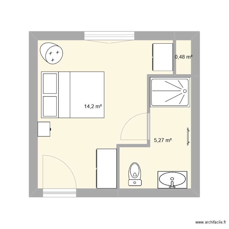 Chambre Rose 1. Plan de 3 pièces et 20 m2