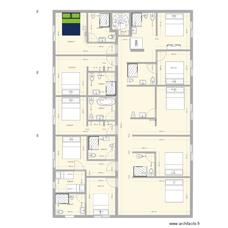 1er étage. Plan de 14 pièces et 197 m2