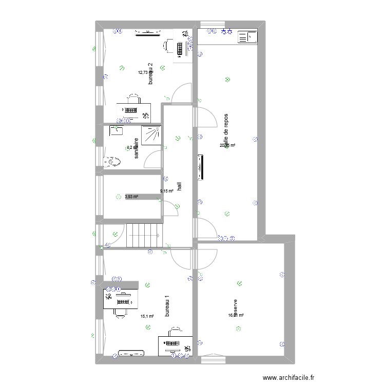 bureau dessous acceul. Plan de 7 pièces et 82 m2
