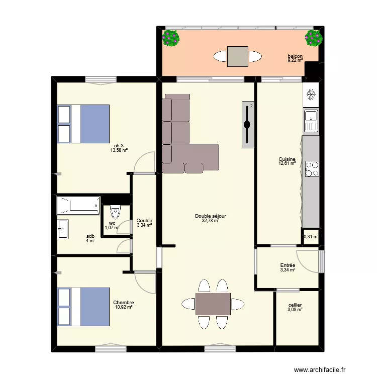 KNEMP ESTEBAN t3 actuel cuisine ferm&eacute;e. Plan de 13  et 94 m²