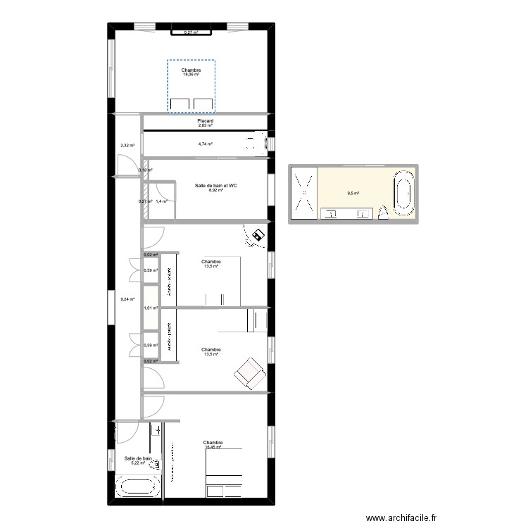 RDC. Plan de 20 pièces et 109 m2