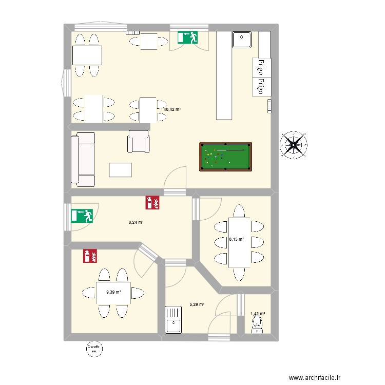 cafe associatif. Plan de 6 pièces et 73 m2