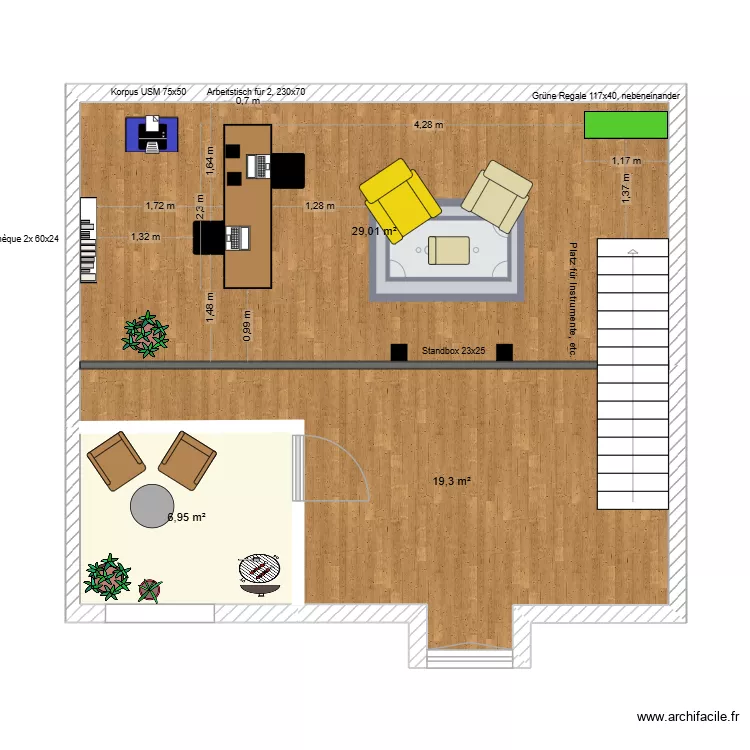 Wohnung Dana - Galerie - gemeinsamer Arbeitsplatz- Variante USM blau mit gelben Sessel/Querpult. Plan de 3 Pièces et 55 m² Wohnung Dana - Galerie - gemeinsamer Arbeitsplatz- Variante USM blau mit gelben Sessel/Querpult. Plan de 3 Pièces et 55 m²
