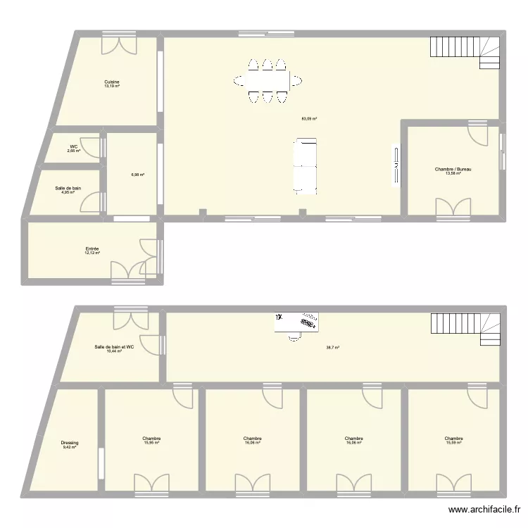 Grange. Plan de 14  et 259 m²