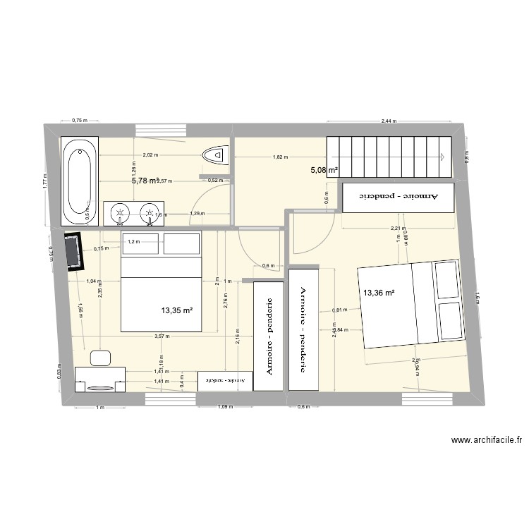 ETAGE. Plan de 4 pièces et 38 m2