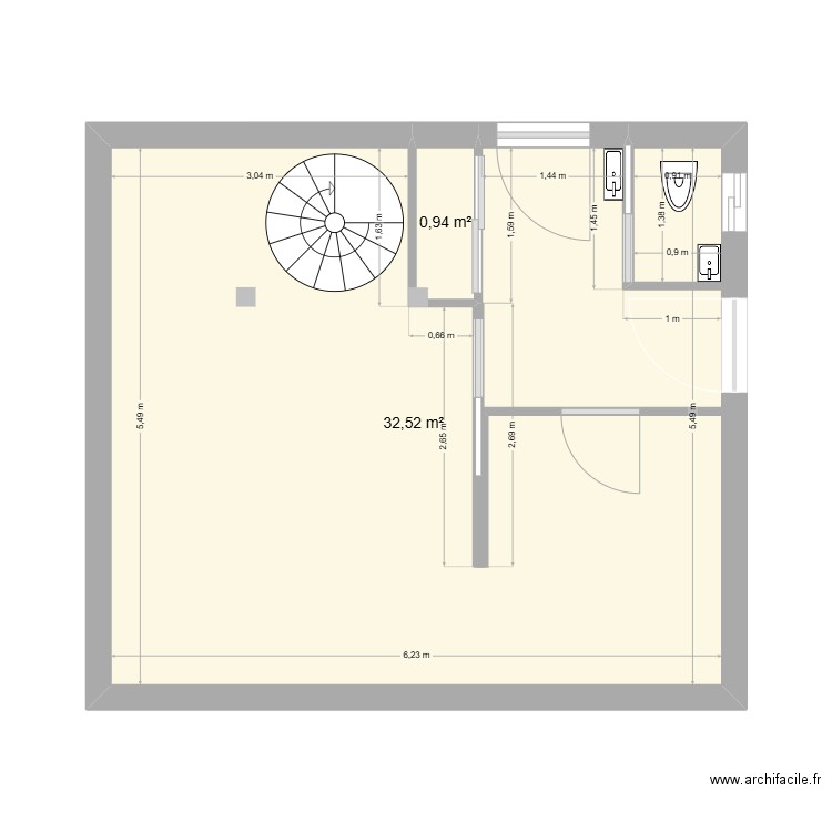 Aménagement WC. Plan de 2 pièces et 33 m2